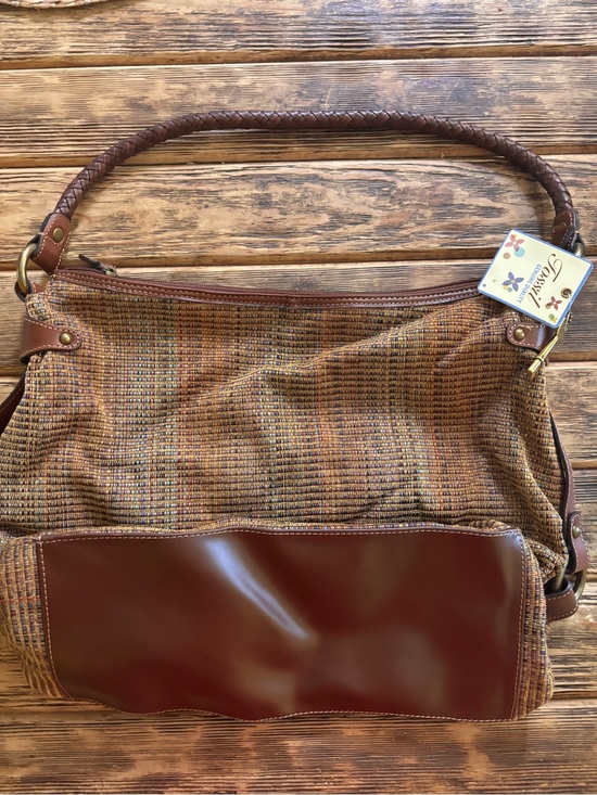 Fossil Handbags - Fossil Brown Multi-Tone Woven Shoulder Bag with Leather Trim